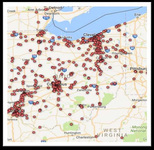 Figure 2 Map illustrating marketplace member locations throughout Ohio. An analysis of OMM membership reveals a diverse mix of business and industry.