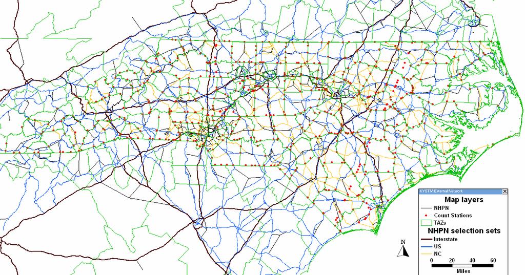 15 Figure 3.10 NCDOT Truck Counts overlaid on the Model TAZs and Network Reasonableness checks for highway assignment are accomplished at three levels: system wide, corridor level, and link specific.