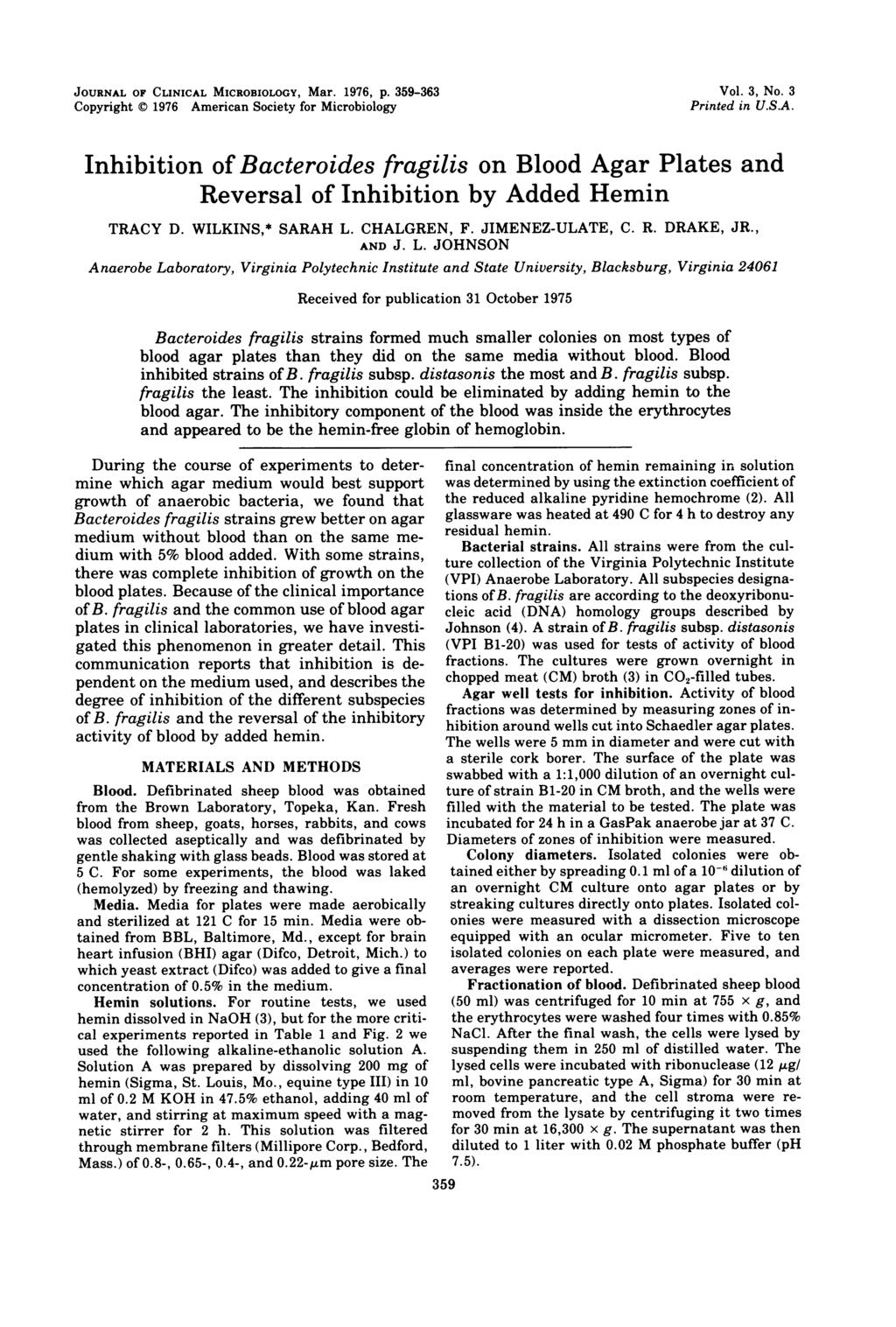 JOURNAL OF CLINICAL MICROBIOLOGY, Mar. 1976, p. 359-363 Copyright 1976 American Society for Microbiology Vol. 3, No. 3 Printed in U.S.A. Inhibition of Bacteroides fragilis on Blood Agar Plates and Reversal of Inhibition by Added Hemin TRACY D.