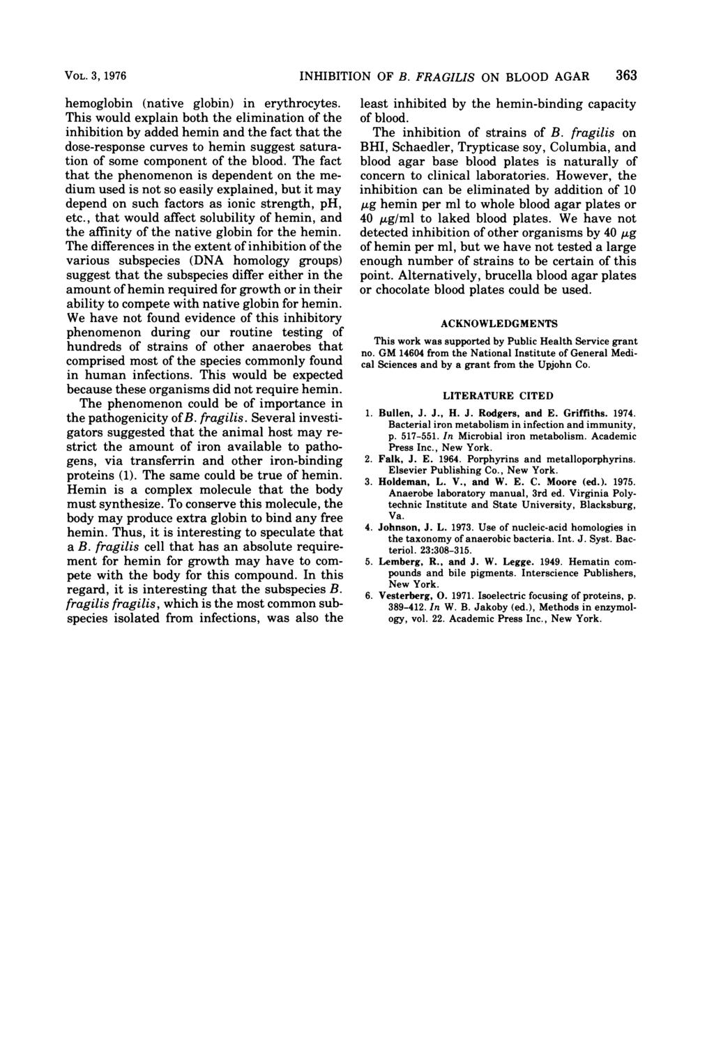 VOL. 3, 1976 hemoglobin (native globin) in erythrocytes.