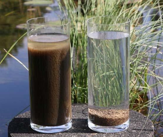 whereas for activated sludge the SVI 30 (non-bulking sludge) is typically in the range of 110-160 ml/g (Figure 2). Figure 2: Sludge settleability: activated sludge (left side cylinder) vs.