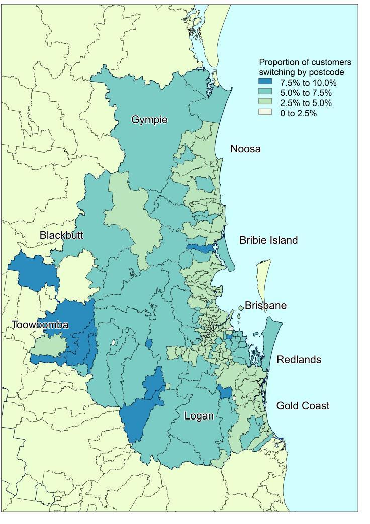 Switching to market offers Figure 31 Map of customers switching from standing to market offers in SEQ The heat map below illustrates the distribution of switching customers in the SEQ region.