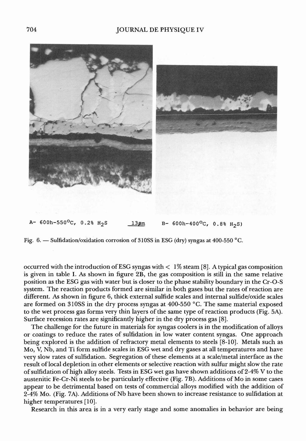 '704 JOURNAL DE PHYSIQUE IV Fig. 6. - Sulfidation/oxidation corrosion of 310% in ESG (dry) syngas at 400-550 OC. occurred with the introduction of ESG syngas with < 1% steam [8].