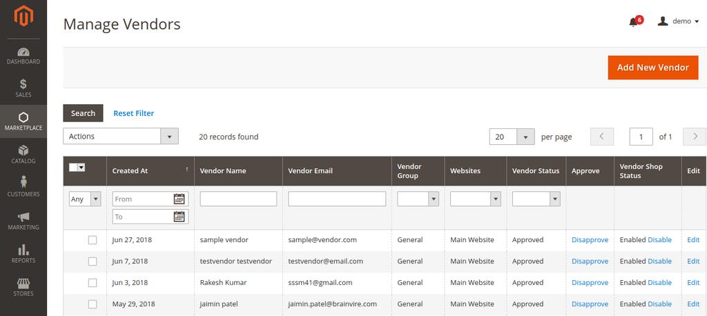 Here you can see the list of all your Vendors. Even from here if the admin wants to create the vendor account, from the above page vendor can directly by clicking on Add New Vendor button.
