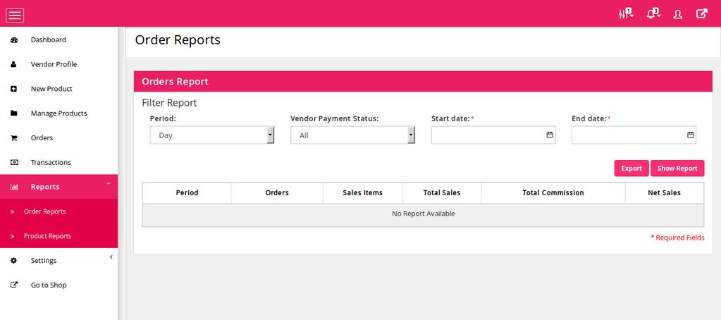 Period: Vendor can select the period for the report he wants to see. Here Day, Month, and Year options are available.
