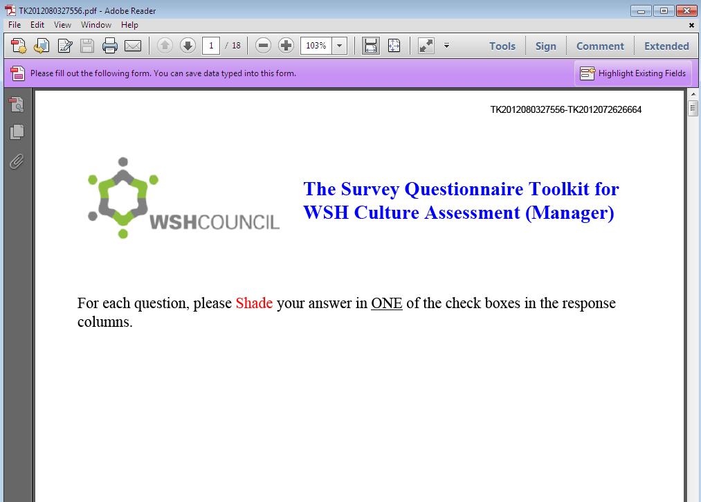 The Survey Questionnaire Toolkit for WSH Culture Assessment (Manager) as shown in Figure 50.