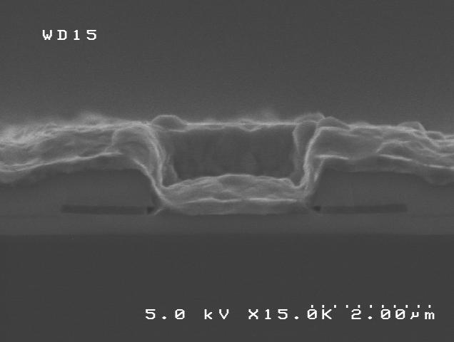 the sidewalls of the 1 μm deep vias