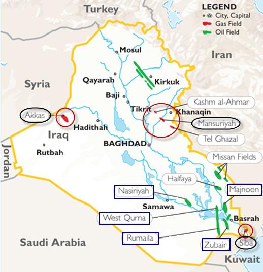 Gas Reserves and Location Estimated Gas Reserves (Tcf) Akkas 5.6* Mansuriyah 4.5* Kashm al- Ahmar 2.2 Siba 1.5* Tel Gazal 0.2 *Gas in place Oil Fields with Associated Gas West Qurna 13.7 Majnoon 11.