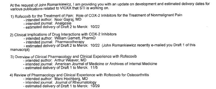 Figure 4. October 1999 E-mail E Between Representatives of Scientific Therapeutics Information Inc and Merck & Co Inc Discussing Contracted Publications Related to Rofecoxib From Ross et al.