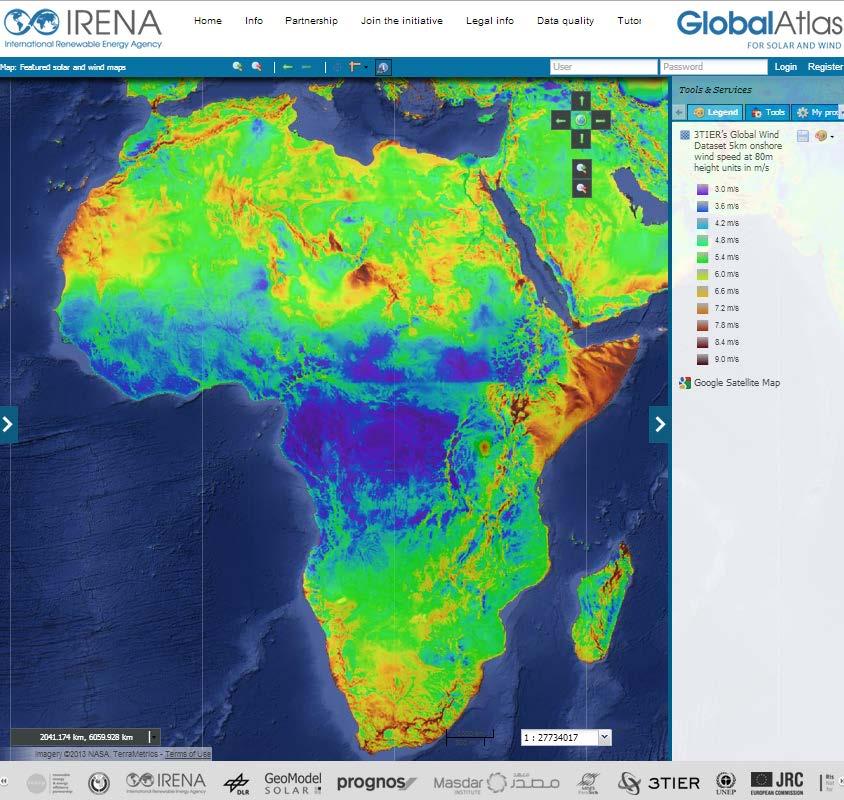 Winds in Africa. Mesoscale 5km basemap from 3TIER. Average annual wind speeds at 80 m high.