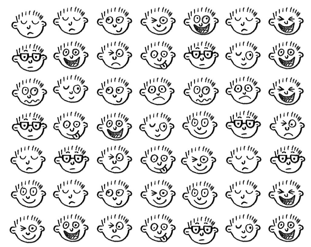 MÕTLEMISHARJUTUS BRAIN WORKOUT 7 7 Look at all these cartoon faces! Vaata neid naljakaid nägusid! a) Mitu nägu on pildil kokku? b) Mitu nendest naeratavad või naeravad?