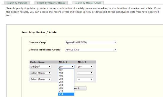 ) Go to search by marker/allele page and search for varieties with allele 214 for the marker