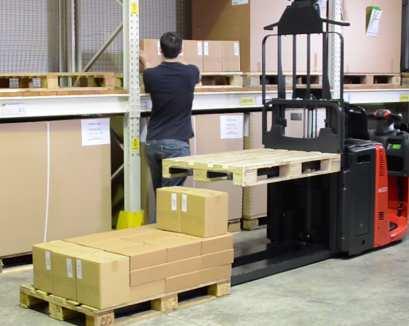 Lower the initial lift an drive forward until the full pallet can stands on top of load arms.