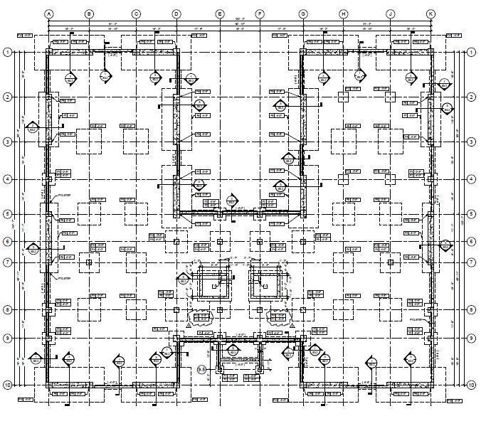 Floor and Framing System Figure 3: Braced Frames/Combined Footing Locations (Image Credit: Larson Design Group) The first floor is a 4 thick slab-on-grade with WWF 6x6 W2.9xW2.9 at mid-depth.