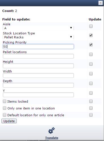 Additional guides Fill in the new values and mark the row you want to update. Here, we change the stock location type to Pallet Racks and setting the picking priority to 50.