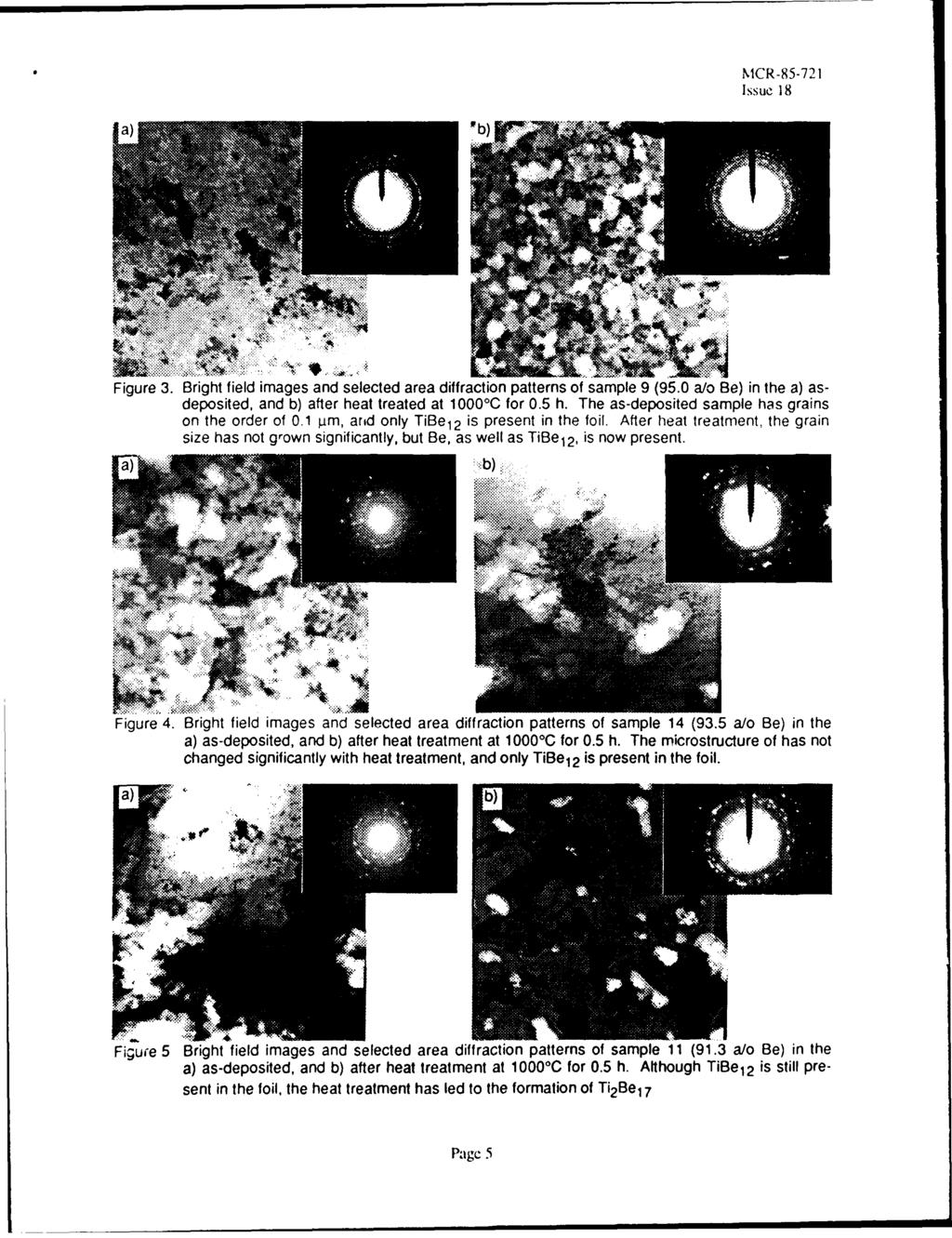 NMCR-85-721 MM Figure 3. Bright field images and selected area diffraction patterns of sample 9 (95.0 a/o Be) in the a) asdeposited, and b) after heat treated at 1000 0 C for 0.5 h.