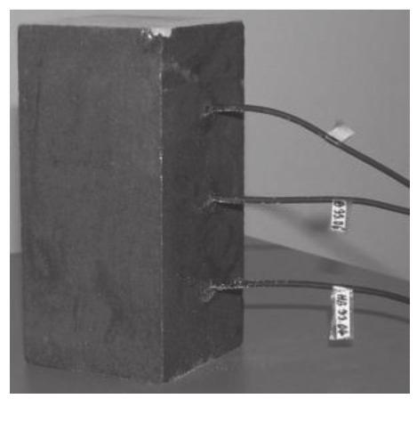 Fig. 4 Sample of sandstone with three sensors in certain positions. A one-dimensional transport process under isothermal climatic conditions was realized from the bottom to the top of the sample.