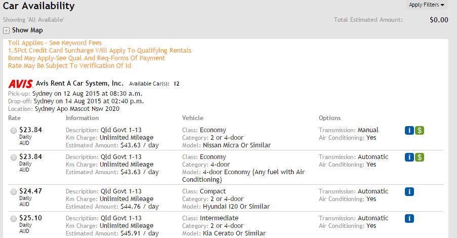Available car hire options will display similar to the below screen shot.