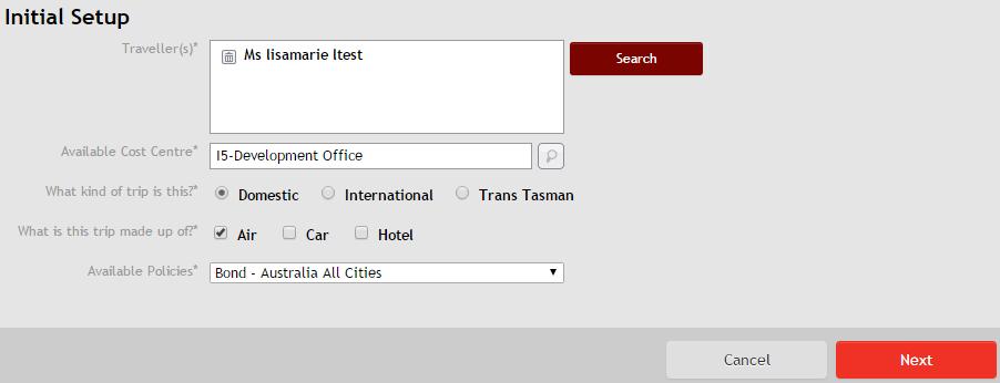 Once you have selected your traveller/s, they will appear in the box on the Initial Setup page. (Note: Press Search again to add additional travellers to your booking).