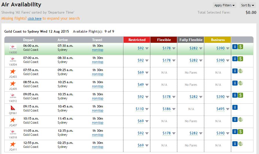 All available airfares matching your search criteria (destinations, dates, times, class) will be displayed in the format below.