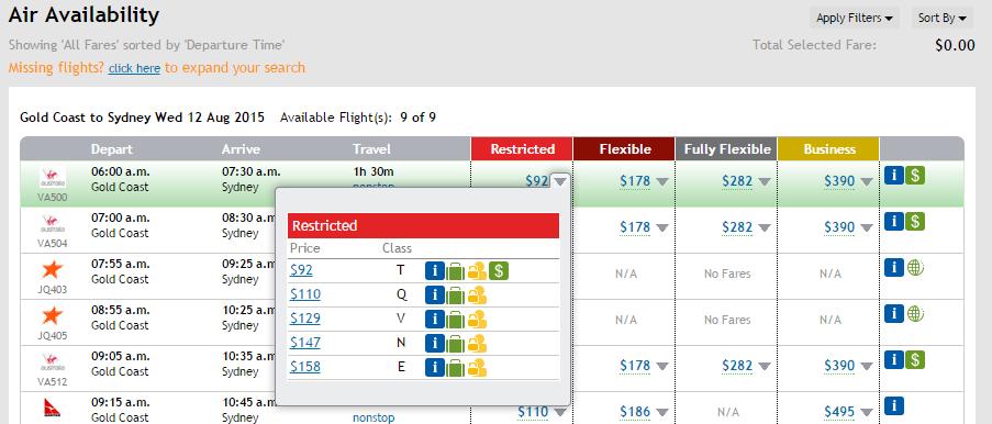 To view the terms and conditions for each fare class, click on the downward facing arrow as shown below, then hover over the blue "i" button.