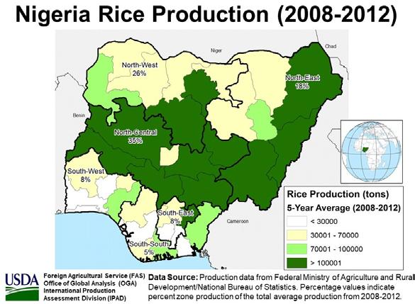 Nigeria is the largest rice producer in Africa and rice is planted in almost all administrative states.