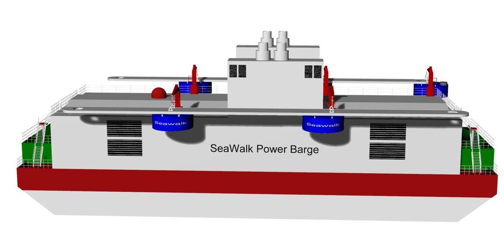 VARD SEAWALK POWER BARGE MAIN DIMENSIONS Length Overall 90.0 m Breadth 22.0 m Draught, design 5.0 m POWER SYSTEM & TANKS RRM Gas Eng, 4 off 4 x 9000 ekw Option; RRM 2x4 off 8 x 9000 ekw Misc.