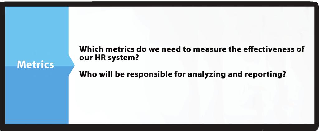 Metrics cover a wide array of stakeholders. The HR system can provide data related to headcount and turnover, benefits, scheduling, recruiting, and compensation.