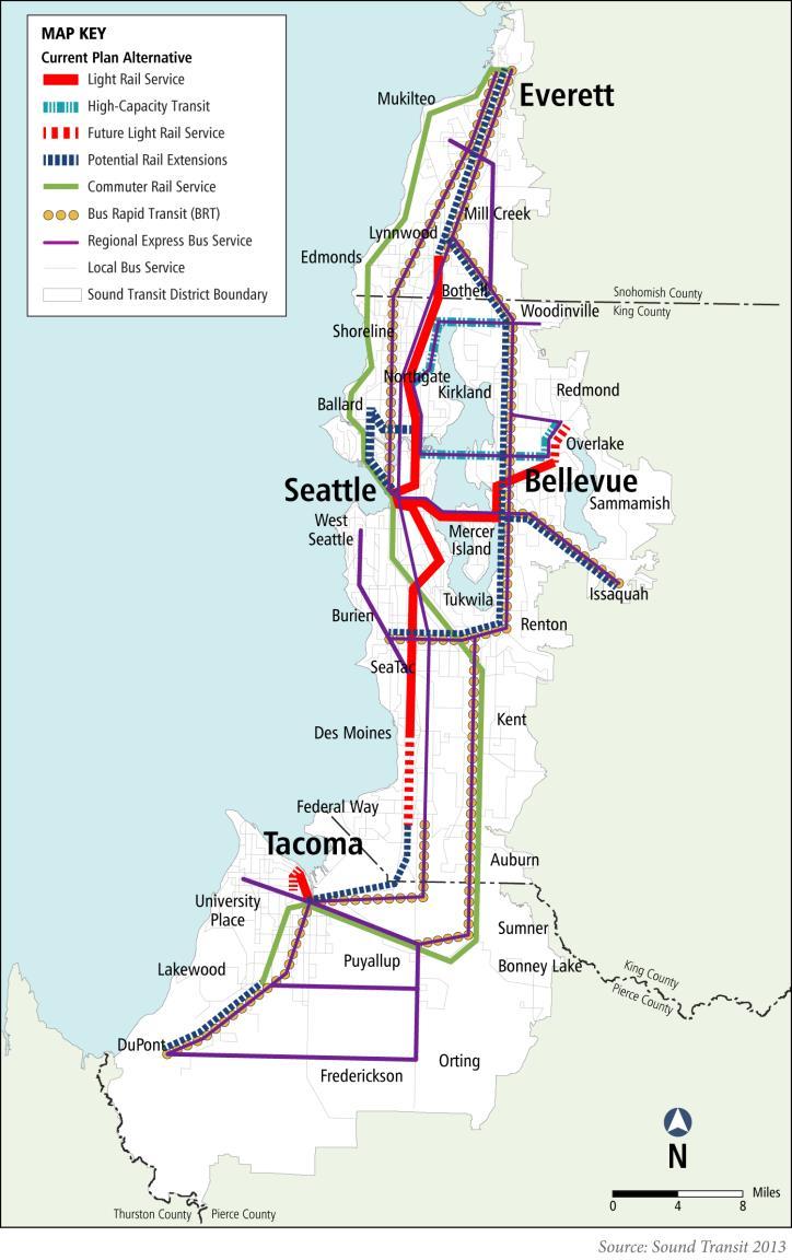 Current Plan: 2005 LRP with ST2 Updates Potential rail in Interstate corridors and to Ballard and the University District BRT in Interstate and State Hwy Corridors