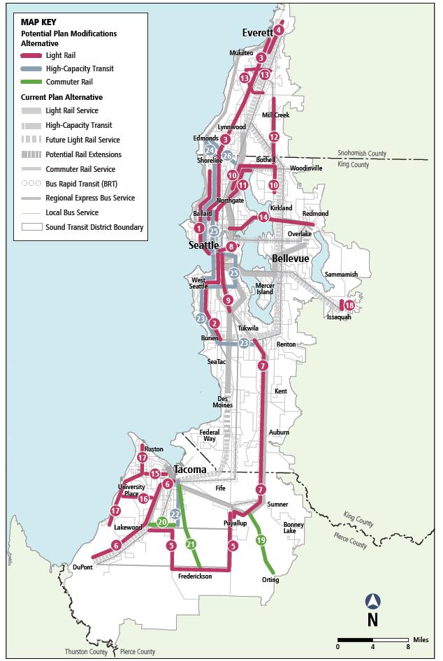 Potential Plan Modifications Following SDEIS Comment Period: New LRT, HCT, and Commuter Rail Corridors Clarified start and end of corridors Added or Modified: Corridor 18: Service to Issaquah