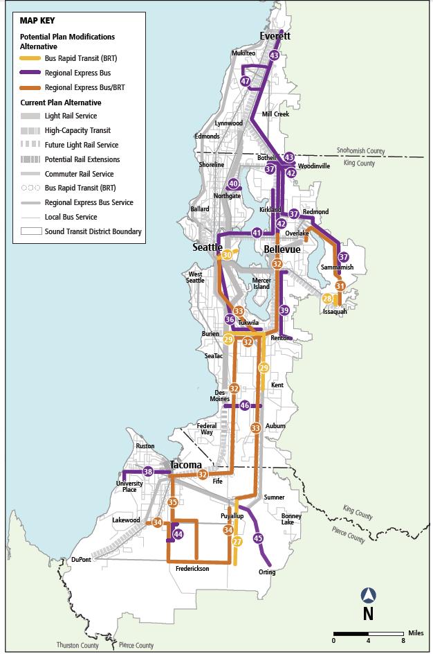 Plan Modifications Alternative Following SDEIS Comment Period: Bus Rapid Transit and ST Express Bus Clarified start and end of corridors Added: Service in Pierce County (Corridors 34, 35, and