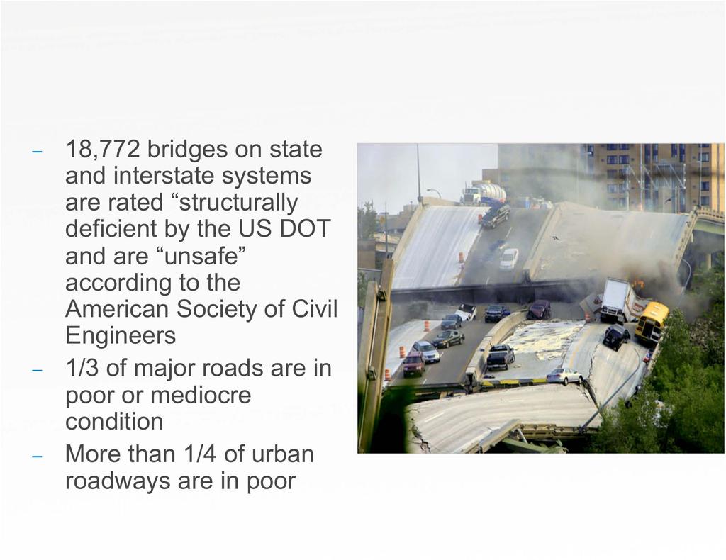 Crumbling Infrastructure 18,772 bridges on state and interstate systems are rated structurally deficient by the US DOT and are unsafe according to