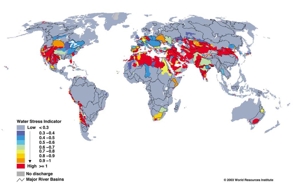 Global population overlayed with water stress (in red) - Globally, the highest population areas do
