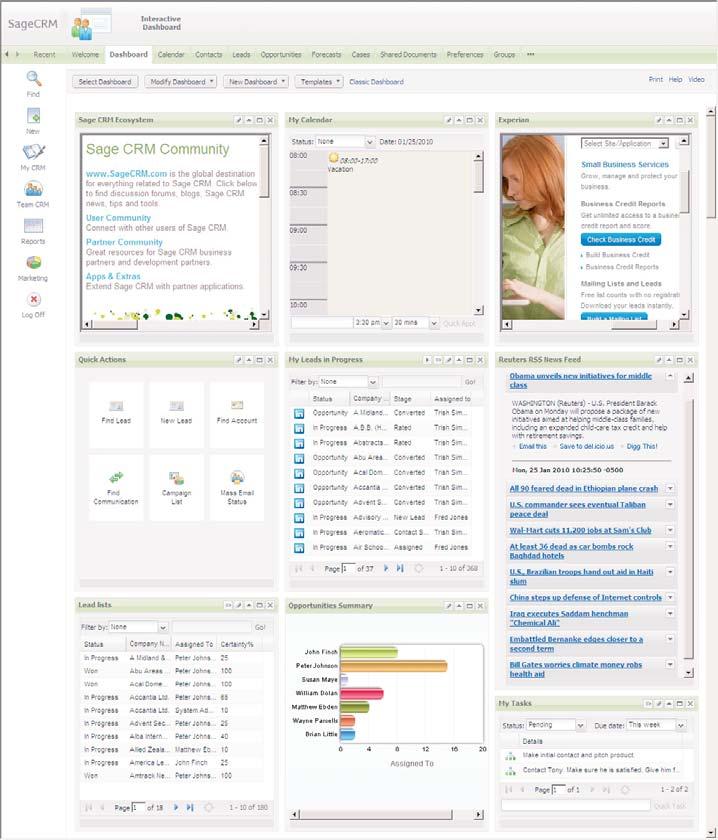 The SageCRM Interactive Dashboard is an intuitive and customizable workspace from