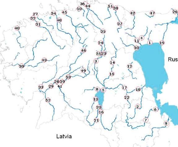 No. of TN and TP trends in 53 Estonian rivers/streams over the past 15-20 years (Iital et