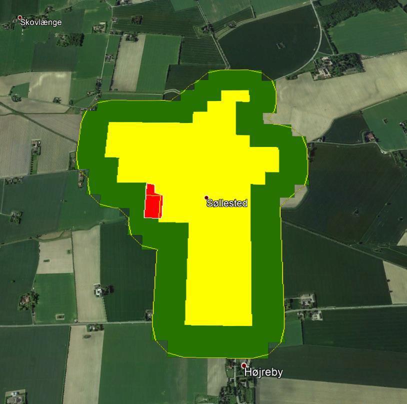 Spatial analysis of suitable land Søllested (DK) example: DH network (yellow), agricultural land within 200 m