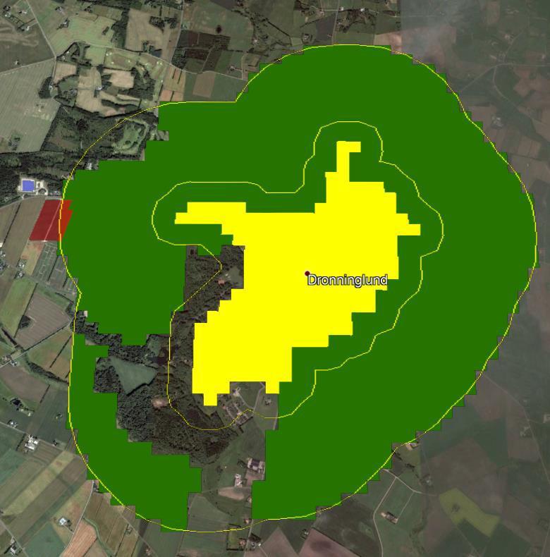 Spatial analysis of suitable land (2) Dronninglund (DK) example: DH network (yellow), agricultural land within 200/1000 m vicinity (green) 40 % SF