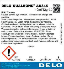 Label Instructions for Use: DELO DUALBOND Acrylate, Light- and Humidity-Curing Typical design of a GHS label at DELO. Depending on the container size, the design and content of the label may vary.