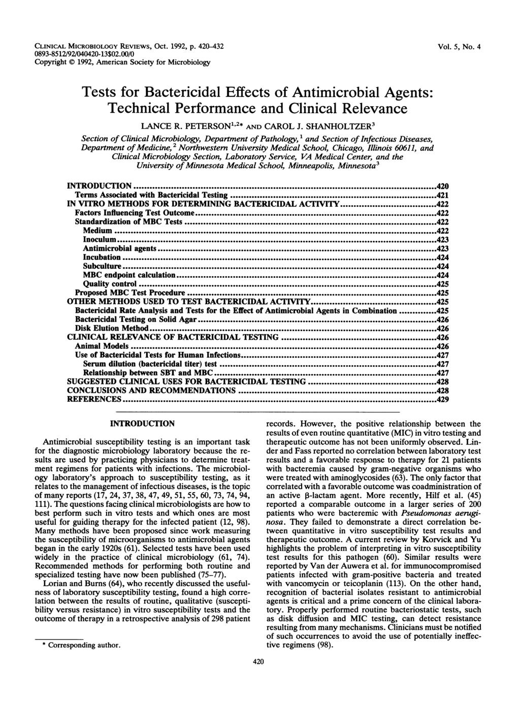 CLINICAL MICROBIOLOGY REVIEWS, Oct. 1992, p. 420-432 0893-8512/92/040420-13$02.00/0 Copyright 1992, American Society for Microbiology Vol. 5, No.