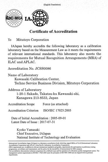 Certification of Accreditation by JCSS (1)