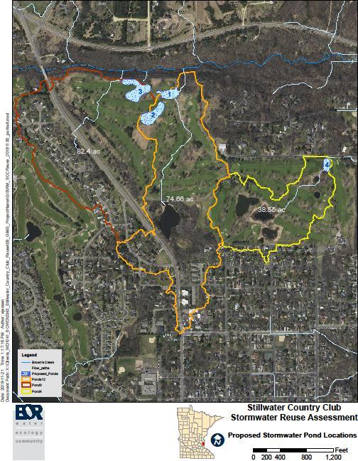 Figure 2 - Proposed locations of stormwater ponds Due to the topography of the region and the golf course, the ponds are most effective if located along the northern edge of SCC, in order to capture