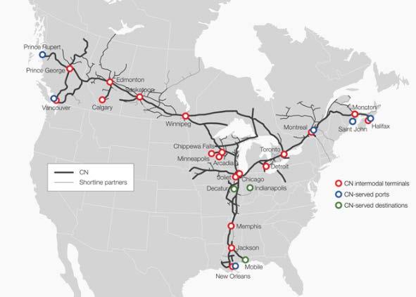 Overview of CN s Intermodal Network CN operates an extensive network of 10 inland intermodal terminals across Canada and 9 in the United States and serves several ports on the east, west and gulf