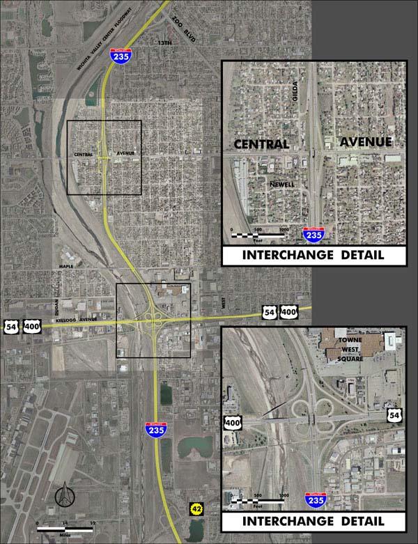 Study Area and Tasks Boundaries Study Area I-235 between and including the interchanges of US-54/400 (Kellogg) and Central Avenue Influence Area Roughly bounded by arterials