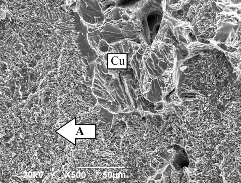 The microstructure of the upper sample Cu-Ti3SiC2: the left figure - the region without Cu infiltration, (A) the area of Ti carbide and silicide near the pore; the right figure - the region with Cu