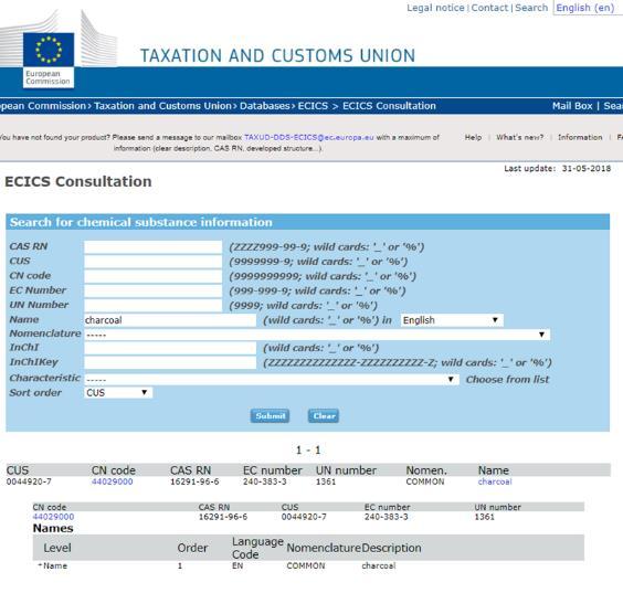 Page 4 CAS Number, CN Code, UN Number, name, nomenclature, etc. If access could be obtained, it would provide an excellent foundation, albeit requiring some data manipulation, e.g. mapping between the full eight character European tariff number (CN Code) and the six character WCOHS Code.