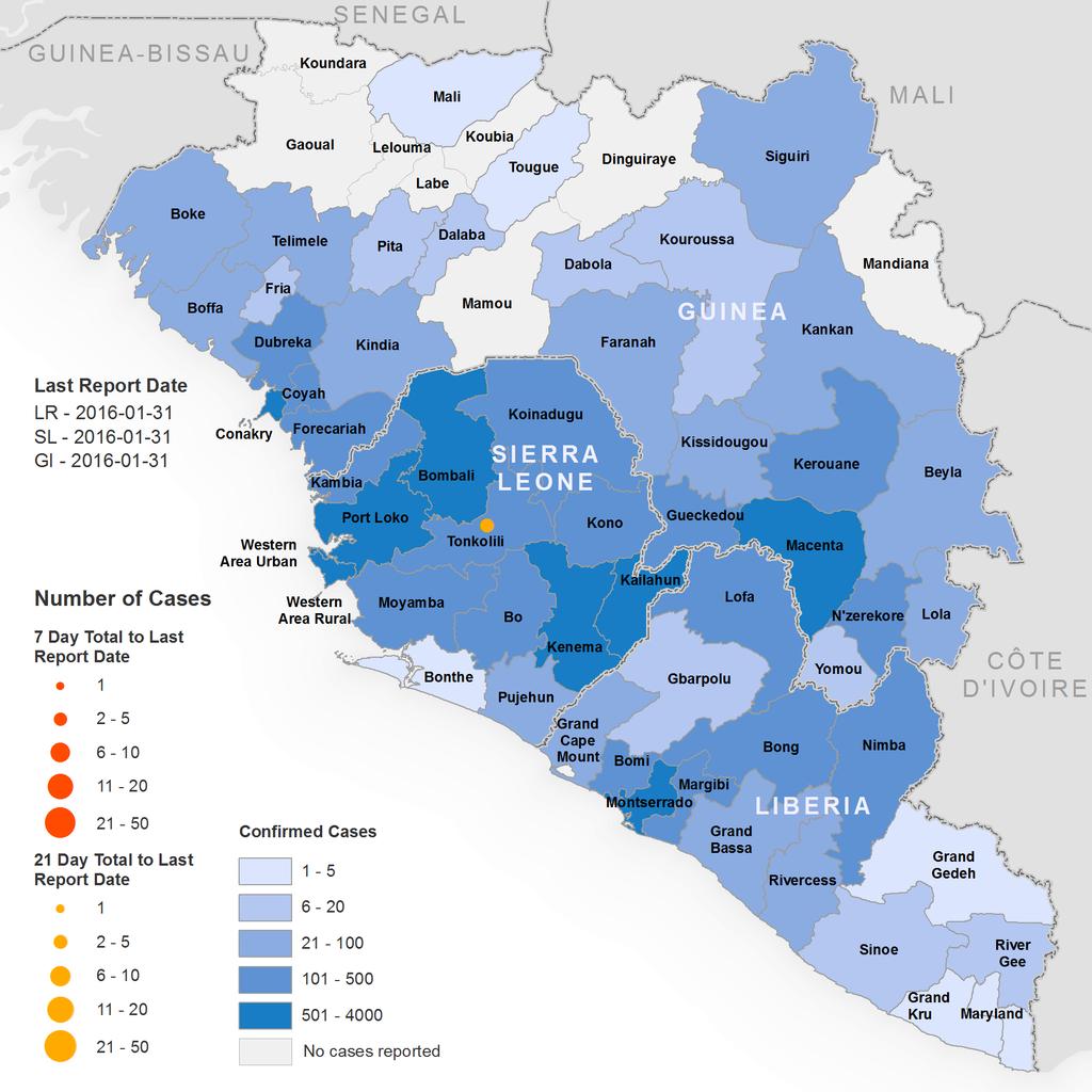 Figure 2: Geographical distribution of new and total confirmed cases in Guinea, Liberia, and Sierra Leone The boundaries and names shown and the designations used on this map do not imply the