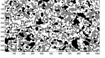 (bottom) The segmentation with LSM, pore and YSZ as black, grey and white. The axes are in pixel units with a pixel size of 14.6 nm.
