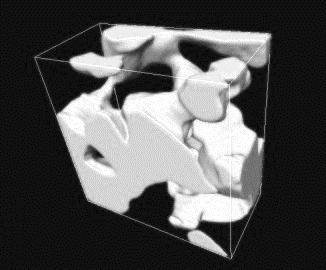 e) The simulated 3D microstructure after 200 time steps assuming good wettability; f) Ni-only microstructure corresponding to Fig.4e.