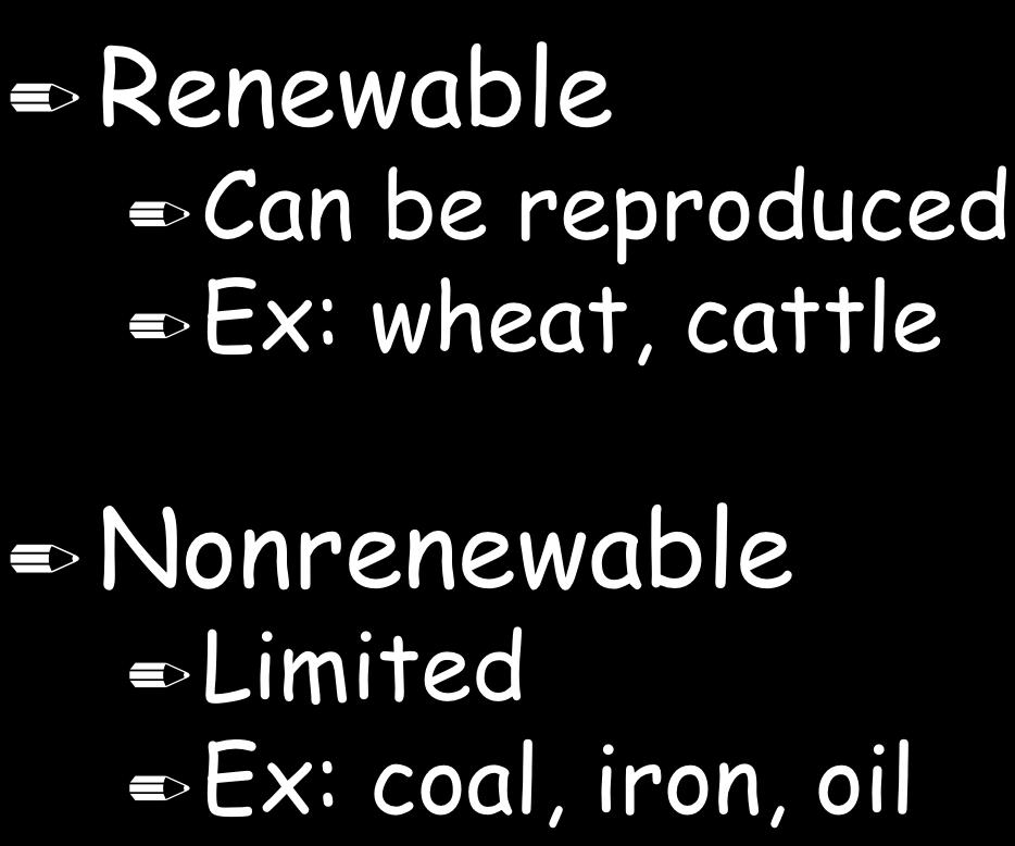 2 Types of Natural Resources Renewable Can be reproduced