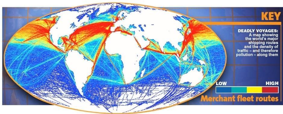 Major Shipping Routes Major Pollution Shipping burns about 370 million tons / year of low-quality residual fuels with high amounts of